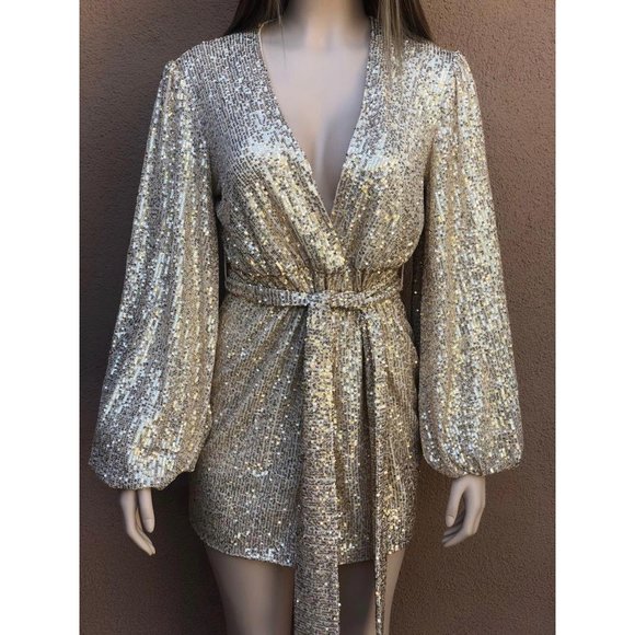Gold Sequence Long Sleeve Tie Waist Mini Dress - Picture 4 of 6